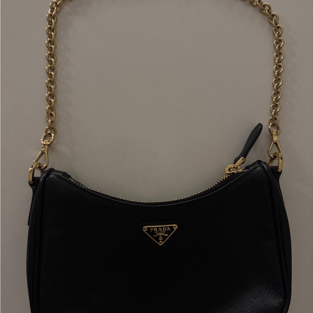 Prada Black Saffiano Leather Mini Shoulder Bag with removable Gold Chain - Picture 5 of 9